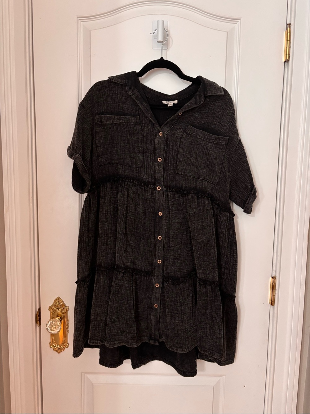 Umgee Black Mineral Wash Cotton Gauze Tiered Button Down Babydoll Dress S